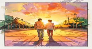 心动时刻漫画封面，夕阳下操场两人并肩而行，橙金色光晕温暖感人