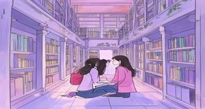恋爱物语漫画封面插图，图书馆场景两人偶然相遇，柔和紫色调唯美画风