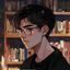 漫画深夜党读者头像，戴眼镜男生侧脸，书架背景，文艺气息浓厚