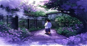 秘密花园漫画封面，神秘氛围的庭院场景，男女主角隔着花丛对视，紫色薄雾