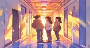 青春情感漫画封面，校园走廊两人相视而立，暖黄光线营造怦然心动氛围